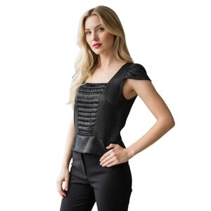 Leon Max Limited Edition Black Silk Fringe Cap Sleeve Top